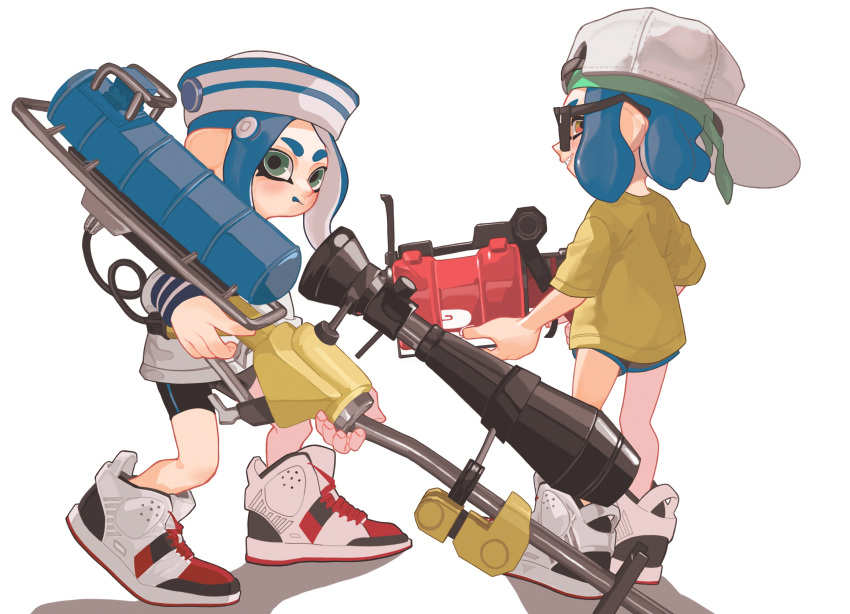 .52_gal_(splatoon) 2girls agemu backwards_hat bad_id bad_pixiv_id baseball_cap bike_shorts black_shorts blue_hair dixie_cup_hat e-liter_4k_(splatoon) green_eyes grin hat highres holding inkling inkling_girl inkling_player_character long_hair long_sleeves military_hat multiple_girls octoling octoling_girl octoling_player_character orange_eyes pointy_ears shadow shirt shoes short_hair short_sleeves shorts simple_background single_vertical_stripe smile sneakers splatoon_(series) splatoon_2 standing suction_cups sunglasses t-shirt tentacle_hair white_background white_headwear yellow_shirt