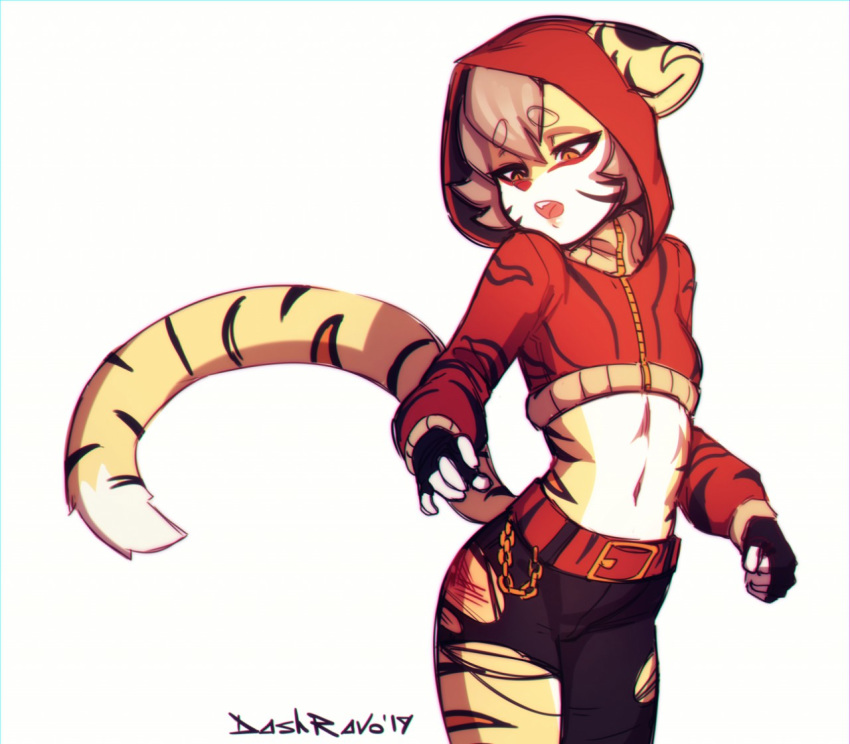 2019 anthro breasts clothed clothing dash_ravo felid female hair hoodie mammal navel open_mouth pantherine simple_background small_breasts solo standing tail tiger topwear white_background