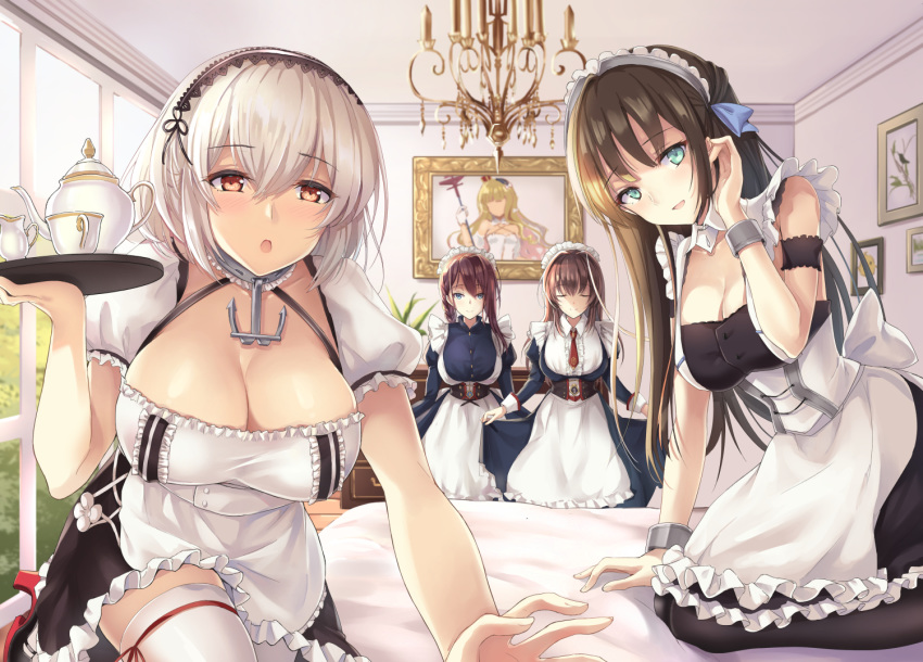 4girls apron azur_lane blue_eyes blush bow braid breasts brown_hair chinese_commentary choker cleavage collarbone commentary_request cup curacoa_(azur_lane) curlew_(azur_lane) dress frills hair_between_eyes hair_ornament hairband hairbow holding holding_tray jewelry juliet_sleeves kneeling lace-trimmed_hairband lace_trim large_breasts long_hair long_sleeves looking_at_viewer maid maid_headdress medium_breasts multiple_girls newcastle_(azur_lane) open_mouth pov puffy_sleeves purple_hair queen_elizabeth_(azur_lane) queen_elizabeth_(the_queen's_ball)_(azur_lane) reaching reaching_towards_viewer red_eyes retrofit_(azur_lane) ribbon short_hair short_sleeves side_braid sidelocks single_braid sirius_(azur_lane) smile teacup teapot thighhighs tray white_hair white_thighhighs yuemanhuaikong