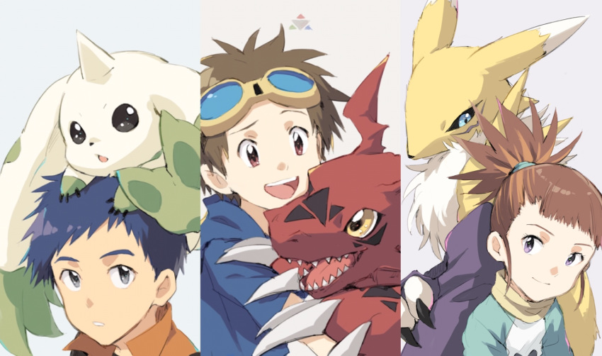 2boys bad_id bad_pixiv_id blue_hair brown_eyes brown_hair closed_mouth commentary digimon digimon_(creature) digimon_tamers digital_hazard female goggles goggles_on_head guilmon highres lee_jianliang looking_at_viewer makino_ruki matsuda_takato multiple_boys on_head open_mouth renamon short_hair simple_background smile takase_(takase1214) terriermon