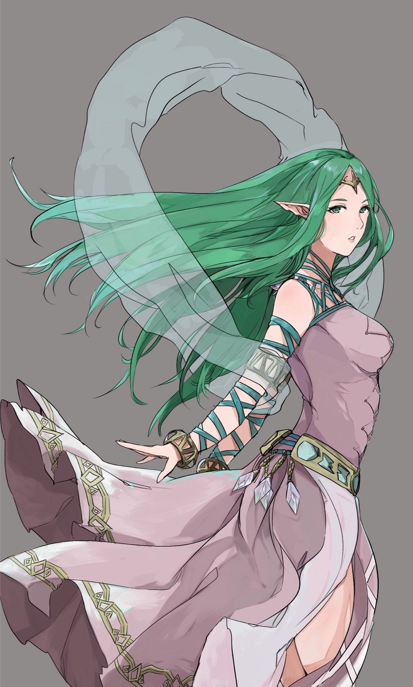 belt bracelet breasts commentary_request dress female fire_emblem fire_emblem:_mystery_of_the_emblem fire_emblem_awakening fire_emblem_heroes gem green_eyes green_hair highres jewelry long_hair medium_breasts naga_(fire_emblem) navel pointy_ears sakuremi solo tiara turtleneck