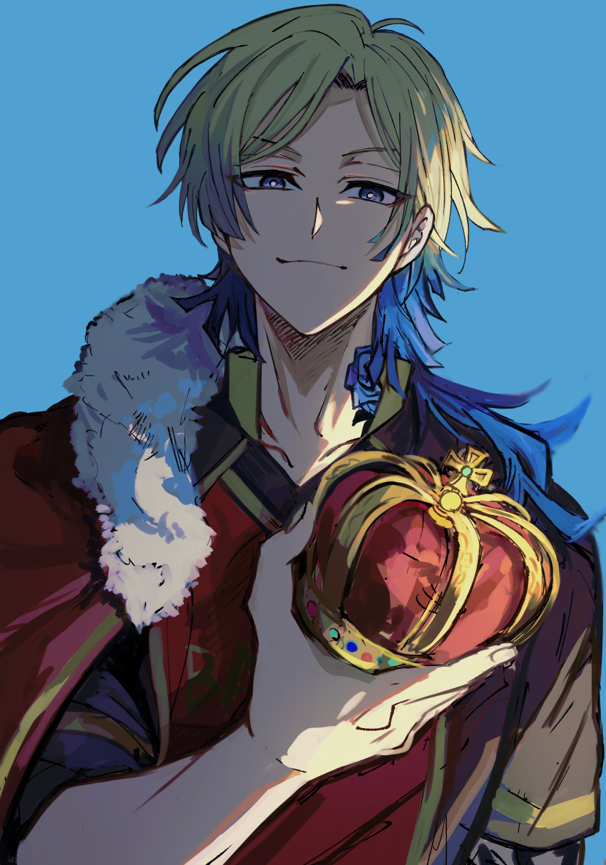 1boy absurdres blonde_hair blue_eyes blue_flower blue_hair blue_lock blue_rose cape commentary_request crown flower highres long_hair male_focus michael_kaiser multicolored_hair red_cape rose smile soccer_uniform sportswear tattoo toramaru_(696anna) two-tone_hair