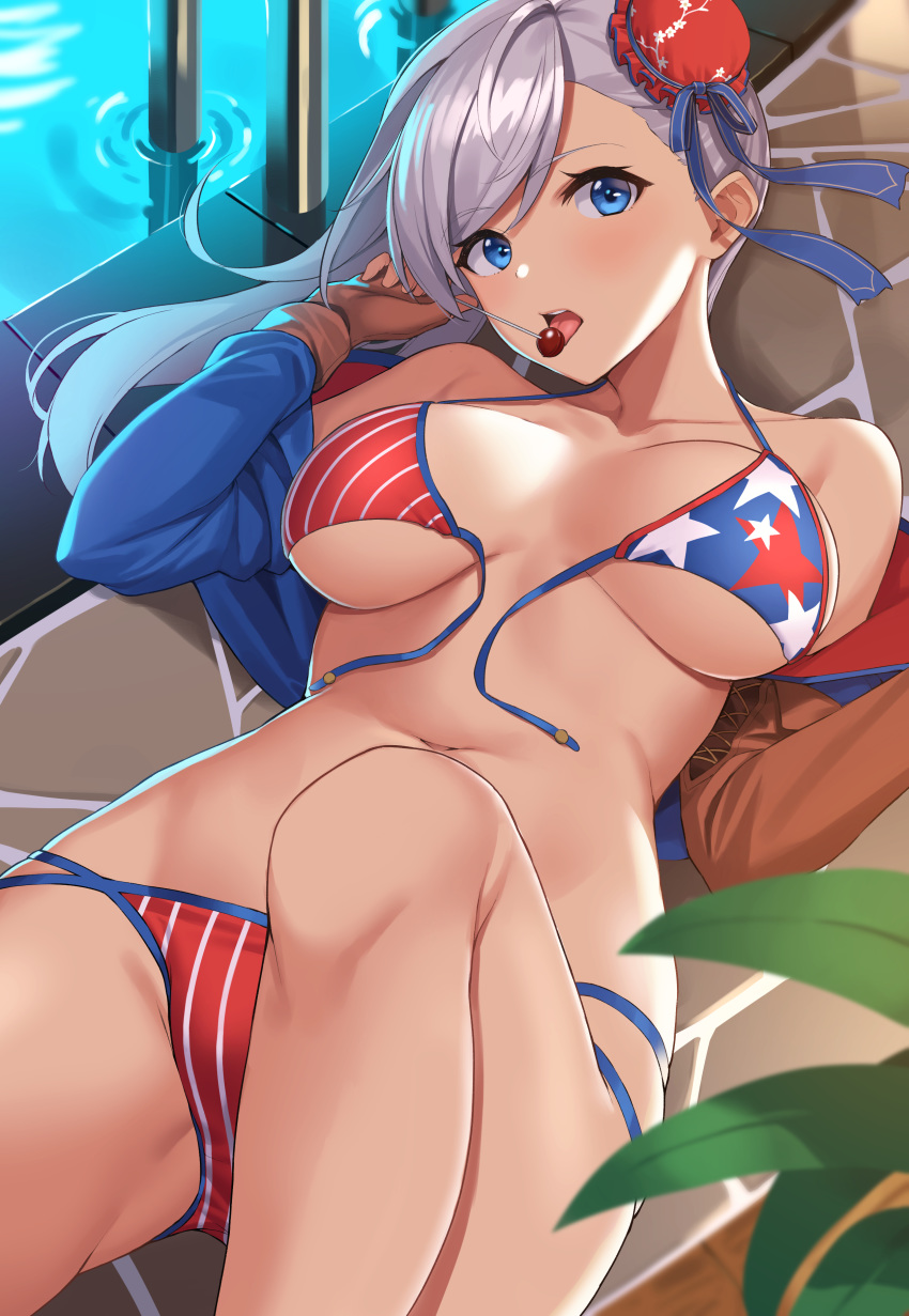 absurdres american_flag american_flag_bikini american_flag_print asymmetrical_hair bare_shoulders bikini blue_eyes blush breasts bun_cover candy cleavage collarbone commentary fate/grand_order fate_(series) female flag_print food hair_bun hair_ribbon highres knee_up large_breasts lollipop long_hair looking_at_viewer lying miyamoto_musashi_(fate) miyamoto_musashi_(swimsuit_berserker)_(fate) miyamoto_musashi_(swimsuit_berserker)_(second_ascension)_(fate) navel on_back open_mouth pink_hair poolside print_bikini ribbon shrug_(clothing) single_hair_bun single_side_bun suiroh_(shideoukami) swept_bangs swimsuit thighs tongue tongue_out water