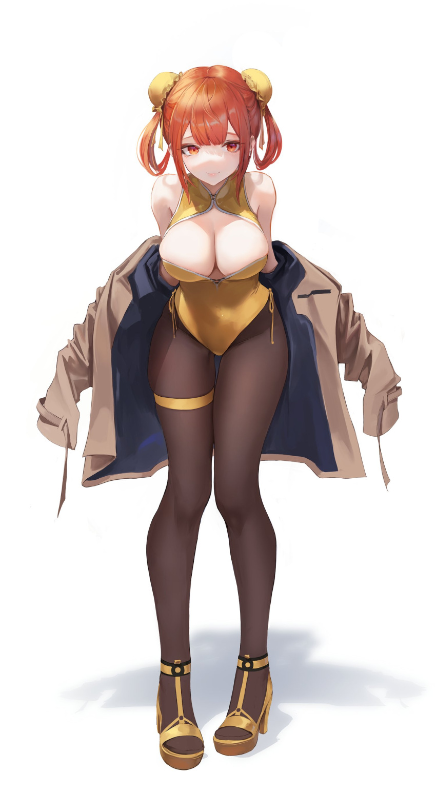 absurdres bare_shoulders breasts brown_jacket brown_pantyhose bun_cover cleavage double_bun female full_body hair_bun hair_rings high_heels highres jacket large_breasts leaning_forward legs leotard leviathan_(hikinito0902) long_hair long_sleeves looking_at_viewer off_shoulder open_clothes open_jacket orange_eyes orange_hair original pantyhose shoes sidelocks simple_background skindentation smile solo standing thigh_strap twintails white_background yellow_footwear yellow_leotard