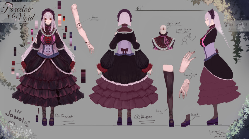 absurdres artist_name black_dress breasts color_guide corset cracked_skin dokuro_deluxe doll_joints dress english_commentary female full_body grey_hair hairband highres indie_virtual_youtuber joints jowol large_breasts lolita_hairband long_hair multiple_views official_art red_eyes reference_sheet smile torn_clothes torn_dress virtual_youtuber