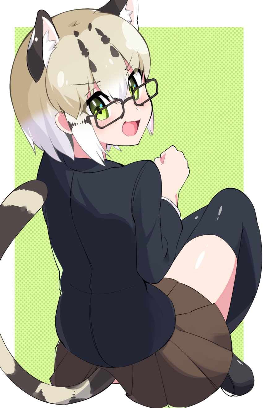 alternate_costume animal_ears black-framed_eyewear black_footwear black_jacket black_thighhighs blonde_hair blush brown_hair brown_skirt cat_ears cat_girl cat_tail commentary extra_ears female glasses green_eyes highres jacket kemono_friends long_sleeves looking_at_viewer margay_(kemono_friends) margay_print multicolored_hair open_mouth pleated_skirt rectangular_eyewear school_uniform shirt short_hair sitting skirt solo tail takom thighhighs white_hair white_shirt zettai_ryouiki