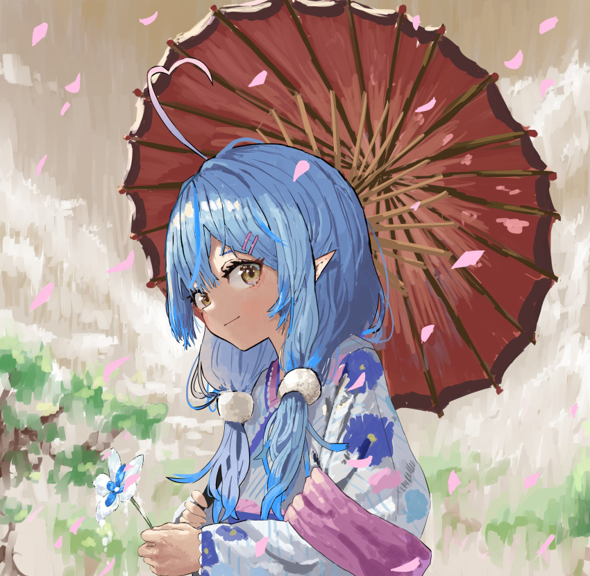 absurdres ahoge bad_id bad_twitter_id blue_hair colored_tips elf female flower from_side hair_ornament hairclip heart heart_ahoge highres holding holding_flower holding_umbrella hololive jaaku_taro japanese_clothes kimono long_hair looking_at_viewer multicolored_hair official_alternate_hairstyle petals pointy_ears smile solo streaked_hair tree twintails umbrella virtual_youtuber yellow_eyes yukata yukihana_lamy yukihana_lamy_(new_year)