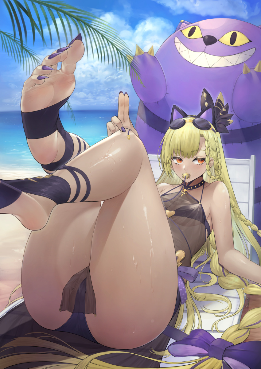 absurdres animal_ears ass bare_legs beach beach_chair bikini blonde_hair bow braid cat_ears choker cloud cloudy_sky dark-skinned_female dark_skin day feet female fingernails foot_focus goggles goggles_on_head granblue_fantasy hair_ornament helel_ben_shalem helel_ben_shalem_(summer)_(granblue_fantasy) highres inflatable_toy long_hair looking_to_the_side nail_polish no_shoes orange_eyes outdoors pacifier purple_nails sayaka_ikku see-through sharp_toenails side_braid sky soles solo sweat swimsuit thighs toeless_legwear toenail_polish toenails toes very_long_hair