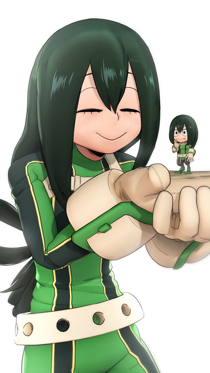 3d asui_tsuyu belt black_eyes black_hair bodysuit boku_no_hero_academia character_doll closed_eyes commentary english_commentary female frog_girl gloves greatm8 hair_rings hands_up highres hunched_over long_hair low-tied_long_hair nendoroid parted_bangs photoshop_(medium) pointing pointing_at_self simple_background smile solid_circle_eyes solo source_filmmaker_(medium) superhero_costume tongue tongue_out upper_body white_background white_gloves