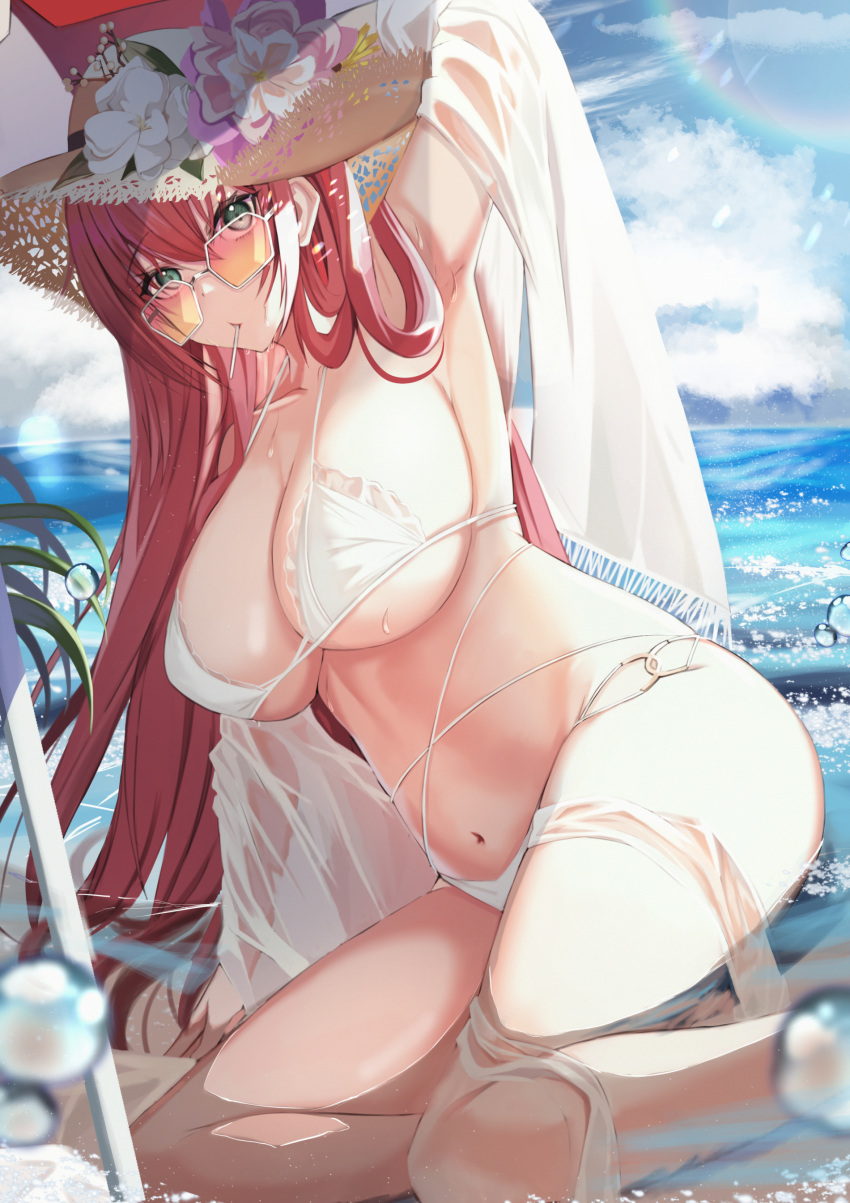 absurdres armpits azur_lane beach bikini breasts candy chanel collarbone commentary_request day female flower food green_eyes hat hat_flower highres huge_breasts in_mouth kazuha_(saku_kn) lollipop long_hair looking_at_viewer looking_over_eyewear navel ocean official_alternate_costume orange-tinted_eyewear outdoors red_hair sidelocks sitting solo stomach straw_hat sun_hat sunglasses sunlight surcouf_(azur_lane) surcouf_(loisirs_balneaires)_(azur_lane) sweat swimsuit tinted_eyewear very_long_hair white_bikini yokozuwari