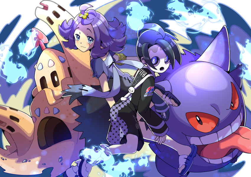 1boy :3 absurdres acerola_(pokemon) ahoge allister_(pokemon) armlet black_hair blush commentary_request dress female gengar gloves hair_ornament highres looking_at_viewer mask palossand pokemon pokemon_(creature) pokemon_sm pokemon_swsh pon_yui purple_eyes purple_hair short_hair short_sleeves shorts single_glove stitches suspender_shorts suspenders topknot