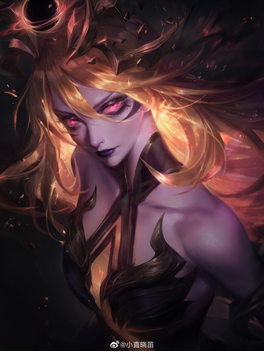 absurdres alternate_costume artist_name bare_shoulders blonde_hair collared_dress dark_cosmic_lux dress female flute_(artist) glowing glowing_eyes glowing_hair headpiece highres league_of_legends lipstick long_hair looking_at_viewer looking_to_the_side lux_(league_of_legends) makeup purple_lips red_eyes standing