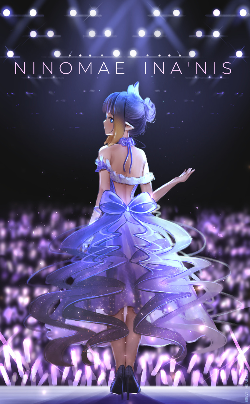 absurdres alternate_costume alternate_hair_length alternate_hairstyle back backless_dress backless_outfit bare_shoulders blue_eyes character_name commentary dress english_commentary female from_behind full_body gloves gradient_hair hand_up high_heels highres hololive hololive_english light_particles looking_at_viewer looking_back medium_hair multicolored_hair ninomae_ina'nis orange_hair pointy_ears purple_dress purple_hair shiina_rei sidelocks single_glove solo stage_lights standing tentacle_hair tied_hair virtual_youtuber white_gloves