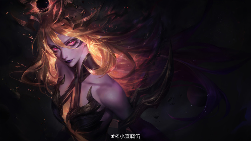 absurdres alternate_costume artist_name bare_shoulders blonde_hair collared_dress dark_cosmic_lux dress female flute_(artist) glowing glowing_eyes glowing_hair headpiece highres league_of_legends lipstick long_hair looking_at_viewer looking_to_the_side lux_(league_of_legends) makeup purple_lips red_eyes standing