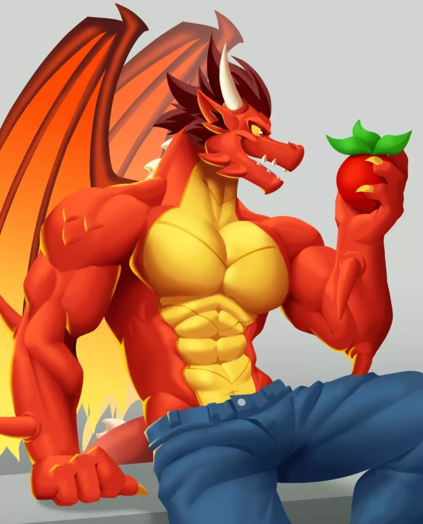 anjing_kampuss anthro clothed clothing dragon dragon_city flame_dragon food hi_res horn male membrane_(anatomy) membranous_wings muscular muscular_male mythological_creature mythological_scalie mythology partially_clothed red_body red_scales scales scalie simple_background socialpoint solo wings yellow_body yellow_eyes yellow_scales