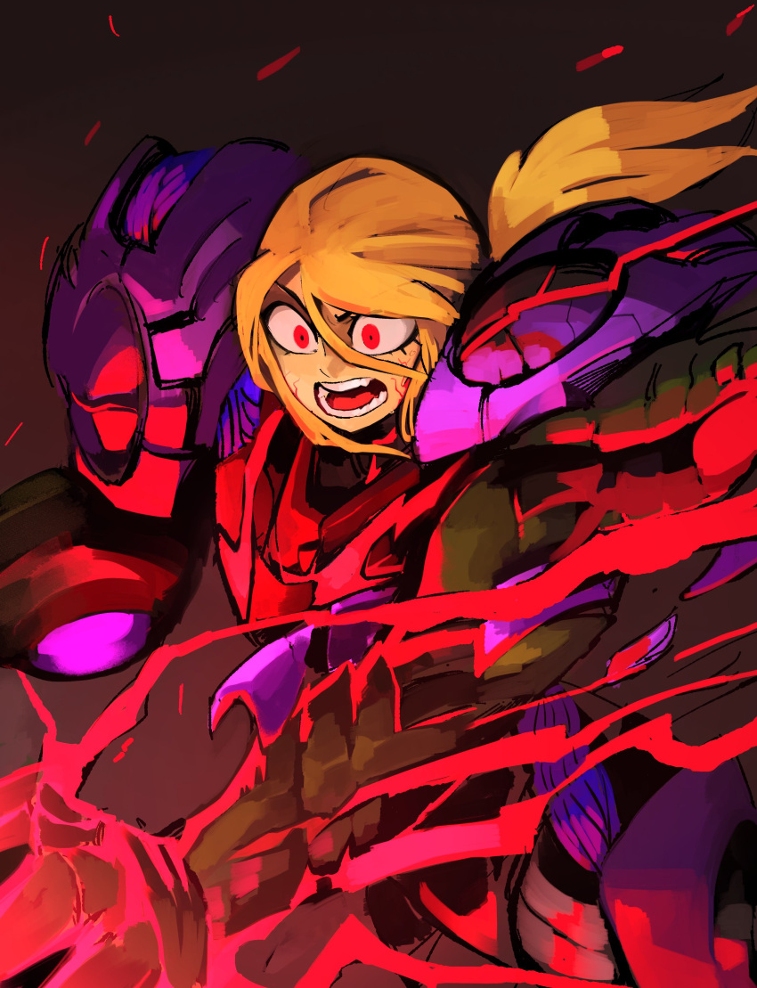 33dot absurdres angry arm_cannon aura blonde_hair female glowing glowing_eyes glowing_hand gravity_suit_(metroid) highres metroid metroid_dread metroid_suit open_mouth ponytail red_eyes red_lightning samus_aran solo spoilers transforming_clothes upper_body veins weapon