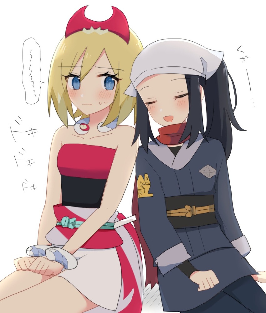 2girls akari_(pokemon) black_hair black_shirt blonde_hair blue_eyes blush bracelet closed_eyes closed_mouth collar collarbone commentary_request drooling eyelashes grey_jacket grey_skirt hairband head_scarf highres irida_(pokemon) jacket jewelry logo long_hair medium_hair mouth_drool multiple_girls ohn_pkmn open_mouth pokemon pokemon_legends:_arceus ponytail red_hairband sash shirt shorts sidelocks sitting skirt sleeping smile strapless strapless_shirt sweat white_headwear white_shorts