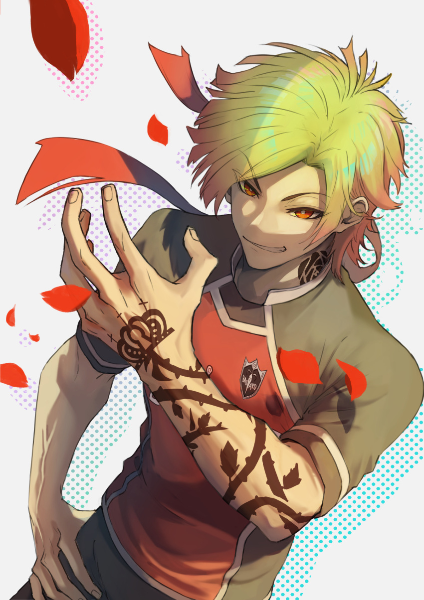 1boy arm_tattoo bad_id bad_twitter_id blonde_hair blue_lock commentary flower grin hand_on_own_hip hand_tattoo highres long_hair male_focus michael_kaiser mimi_kco multicolored_hair neck_tattoo petals red_eyes red_flower red_hair red_rose rose shirt simple_background smile soccer_uniform solo sportswear symbol-only_commentary tattoo two-tone_hair white_background