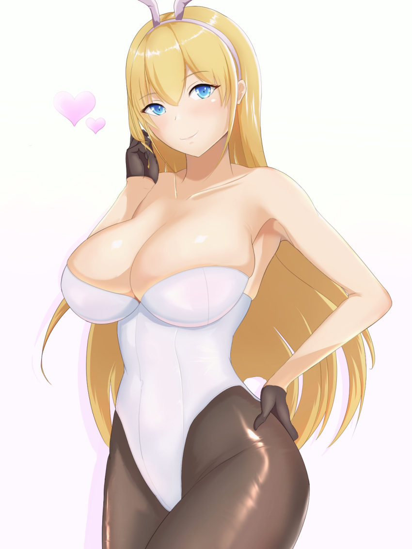 animal_ears azur_lane bare_shoulders black_gloves blonde_hair blue_eyes blueberry_okoku_izaberafujin breasts fake_animal_ears fake_tail female gloves half_gloves highleg highleg_leotard highres large_breasts leotard long_hair looking_at_viewer north_carolina_(azur_lane) pantyhose playboy_bunny rabbit_ears rabbit_tail shiny_clothes simple_background solo strapless strapless_leotard tail white_background white_leotard