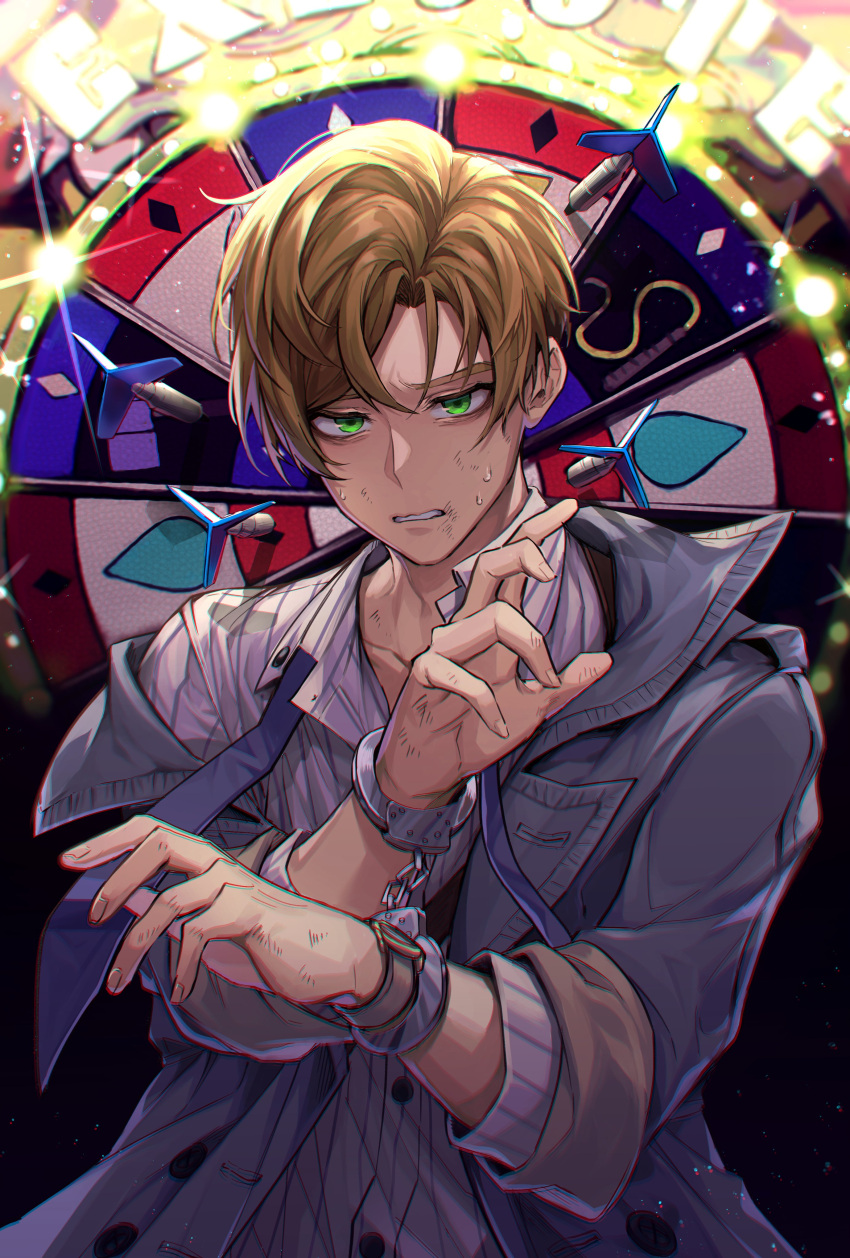 1boy absurdres black_background blonde_hair blush bruise bruise_on_face collarbone commentary_request cuffs dart dress_shirt green_eyes grey_jacket grey_shirt handcuffs hands_up highres injury jacket light long_sleeves male_focus matsuno_chifuyu nanin parted_lips shirt short_hair solo sparkle sweat teeth tokyo_revengers