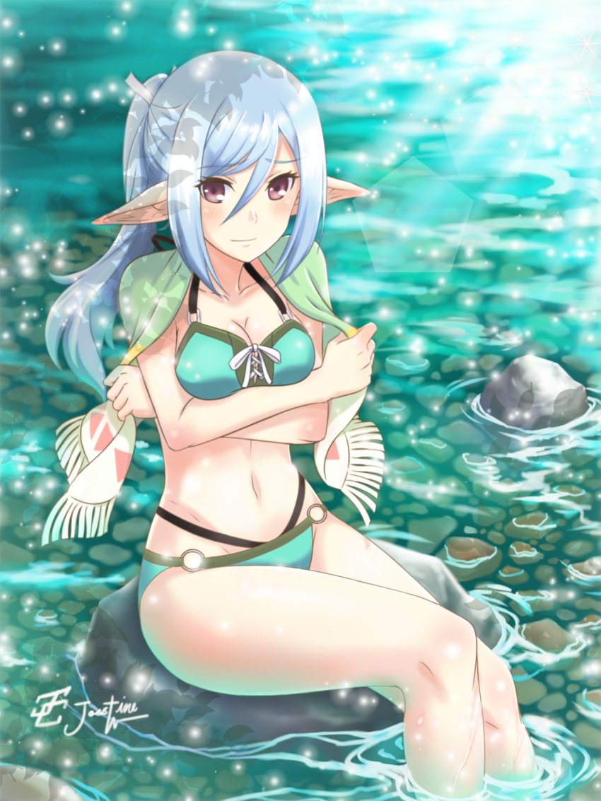 arms_under_breasts bikini blue_hair blush breasts brown_eyes cleavage closed_mouth day female green_bikini hair_between_eyes highres joestine22 long_hair medium_breasts navel outdoors pointy_ears ponytail rock rune_factory rune_factory_5 scarlett_(rune_factory) sitting sitting_on_rock soaking_feet solo swimsuit water