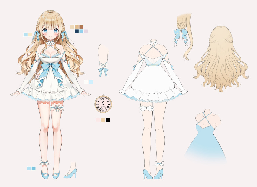 absurdres bad_id bad_twitter_id bare_shoulders blonde_hair blue_eyes blunt_bangs braid breasts cleavage closed_mouth concept_art contest female full_body hair_ribbon high_heels highres long_hair lumilive multiple_views ribbon runa_kei smile virtual_youtuber wavy_hair weri