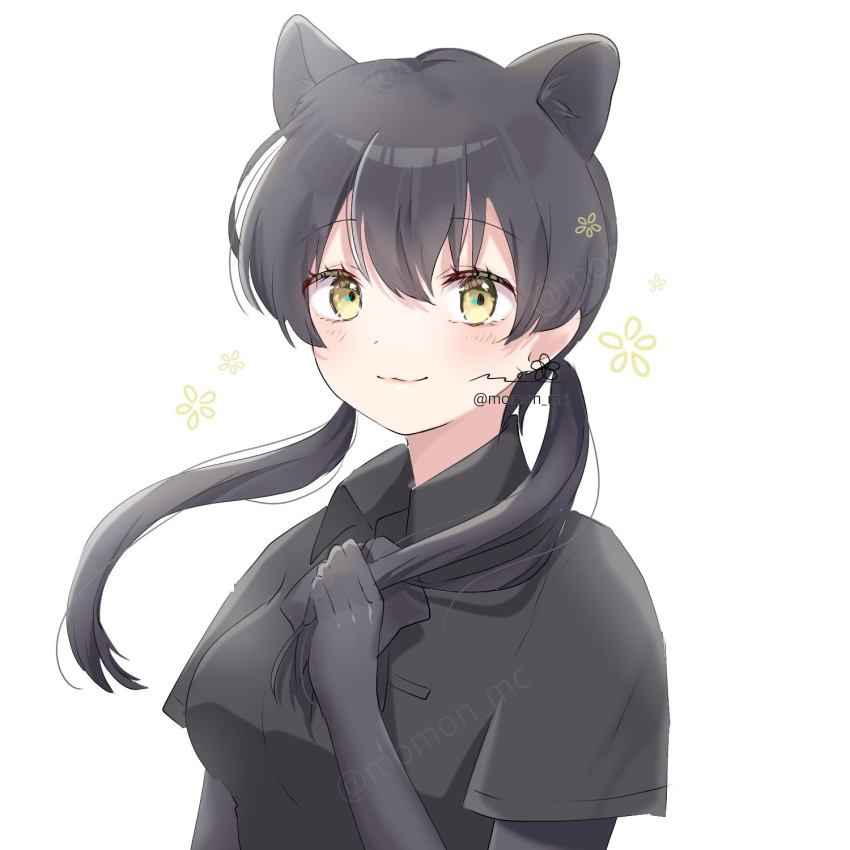 :3 animal_ears black_gloves black_hair black_leopard_(kemono_friends) black_shirt collared_shirt commentary_request elbow_gloves extra_ears female flower gloves hand_in_own_hair highres kemono_friends leopard_ears leopard_girl long_hair looking_at_viewer momon_mc shirt short_sleeves signature solo twintails upper_body yellow_eyes