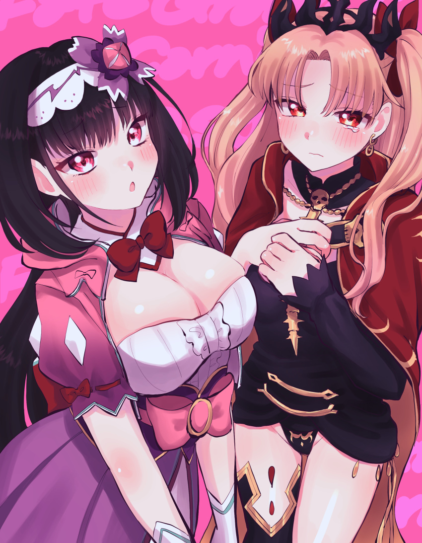 2girls absurdres asymmetrical_legwear asymmetrical_sleeves black_dress black_thighhighs blonde_hair blush bow breasts brown_hair cleavage cloak detached_collar dress earrings ereshkigal_(fate) fate/grand_order fate_(series) glasses gold_trim hair_ribbon hairband highres hood hood_down hooded_cloak hoop_earrings infinity_symbol jewelry large_breasts long_hair looking_at_viewer low_neckline medium_breasts multiple_girls nakamura_chan necklace open_clothes open_mouth open_shirt osakabehime_(fate) parted_bangs pink_shirt puffy_short_sleeves puffy_sleeves purple_eyes purple_skirt red_bow red_cloak red_eyes ribbon shirt short_sleeves single_sleeve single_thighhigh skirt skull skull_necklace spine strap tearing_up tears thighhighs thighs tiara two-sided_cloak two-sided_fabric two_side_up very_long_hair white_shirt yellow_cloak