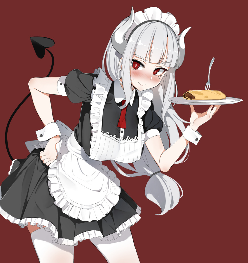 absurdres alternate_costume apron black_tail blush breasts commentary_request crepe demon_girl demon_horns demon_tail dickbomber dress enmaided female food fork frilled_apron frills grey_hair helltaker highres holding holding_tray horns korean_commentary long_hair looking_at_viewer lucifer_(helltaker) maid maid_apron maid_headdress mole mole_under_eye necktie puffy_sleeves red_necktie simple_background smile solo tail thighhighs tray waist_apron white_apron white_horns wrist_cuffs