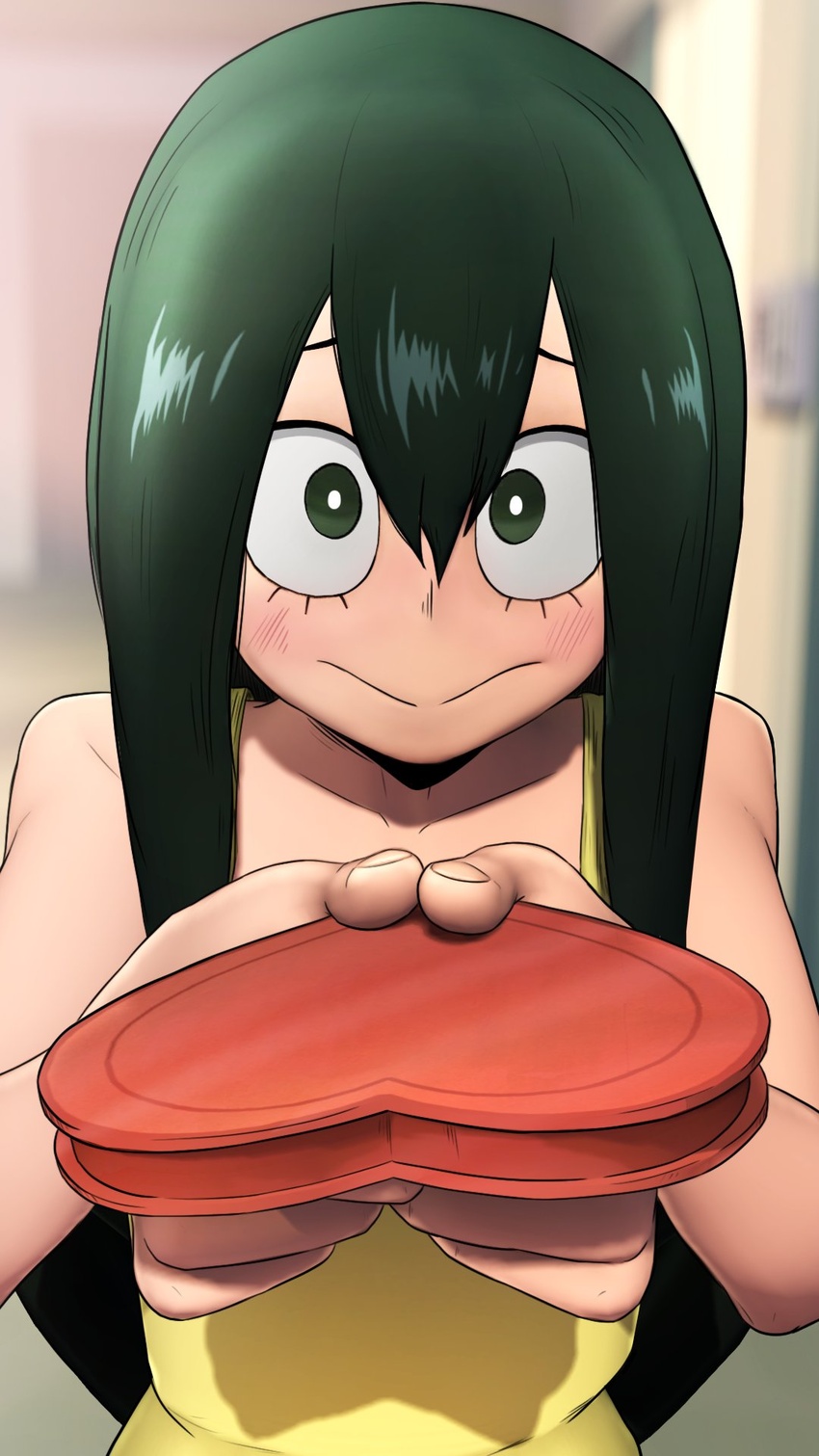 :> asui_tsuyu bare_shoulders blurry blurry_background boku_no_hero_academia box bright_pupils commentary dress english_commentary female greatm8 green_eyes green_hair hair_between_eyes hallway heart-shaped_box highres incoming_gift indoors long_hair looking_at_viewer photoshop_(medium) school sidelocks solo source_filmmaker_(medium) upper_body valentine white_pupils yellow_dress