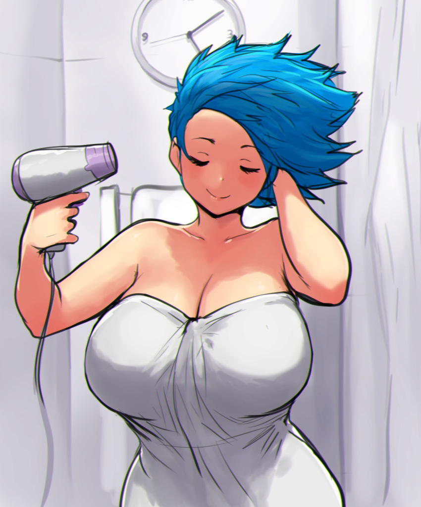 bare_shoulders bathroom blue_hair breasts cleavage clock closed_eyes curtains curvy drying drying_hair erkaz female hair_dryer highres huge_breasts medium_hair naked_towel original rina_atherina short_hair smile solo towel