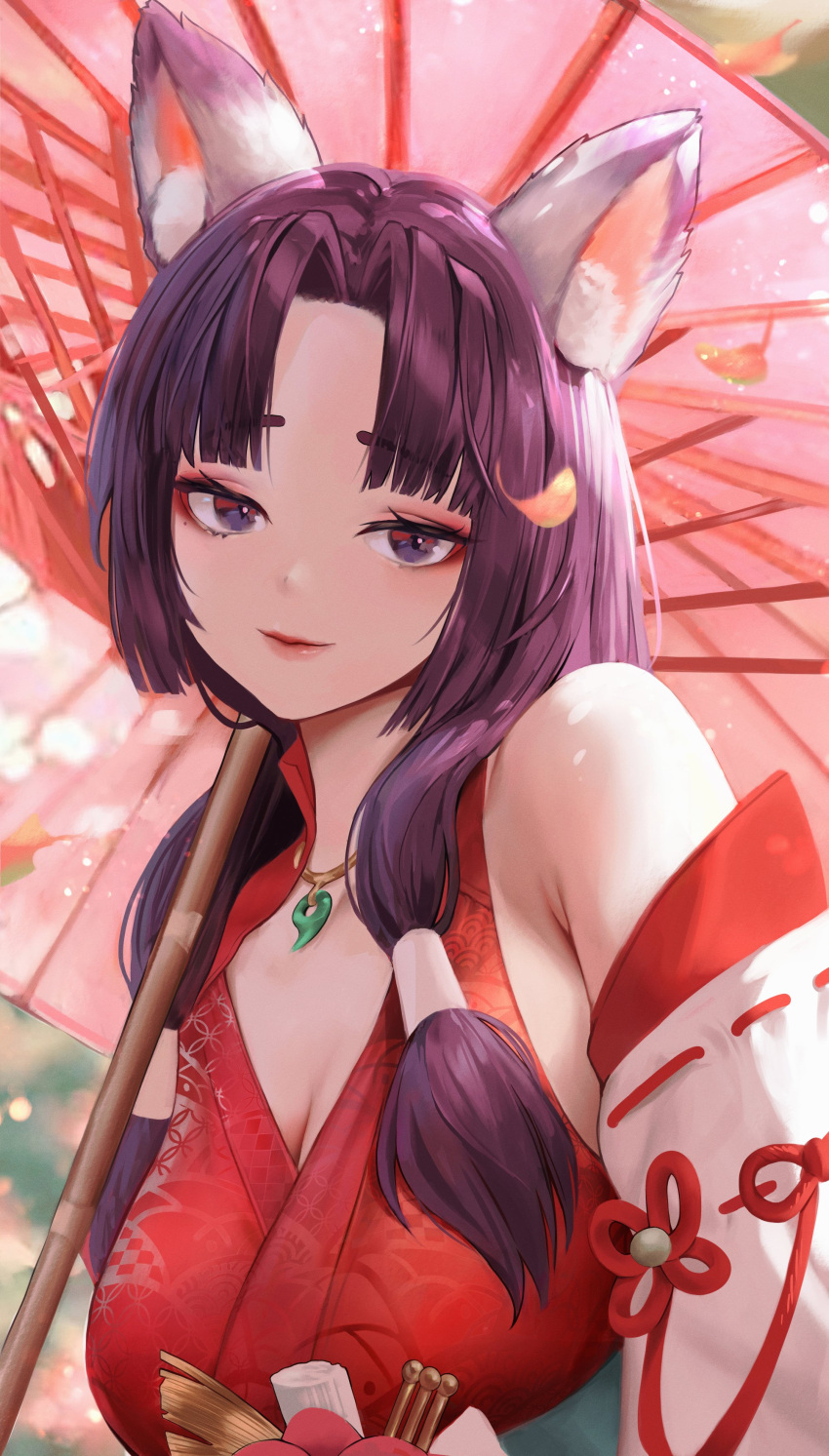 absurdres animal_ear_fluff animal_ears bare_shoulders breasts chrysa_(_sa0ru) closed_mouth commentary detached_sleeves female hair_tubes head_tilt highres japanese_clothes kimono large_breasts leaf long_hair looking_at_viewer oil-paper_umbrella original parted_bangs print_kimono purple_eyes purple_hair red_kimono ribbon-trimmed_sleeves ribbon_trim smile solo symbol-only_commentary umbrella underwear