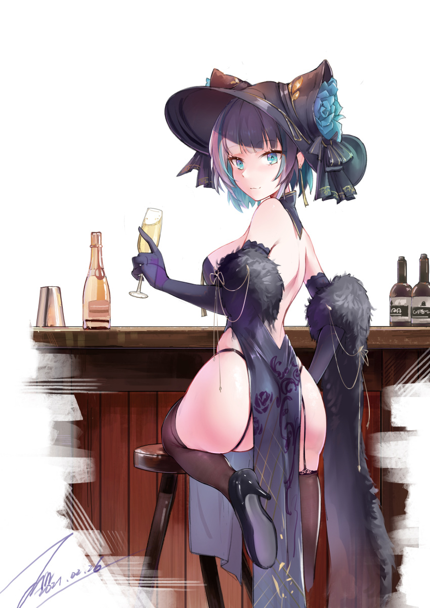 absurdres alcohol animal_ears ass azur_lane bare_shoulders black_footwear black_gloves black_hat blunt_bangs bottle breasts chair cheshire_(azur_lane) cheshire_(cait_sith_crooner)_(azur_lane) china_dress chinese_clothes chinese_commentary cleavage closed_mouth commentary_request cup dated dress drinking_glass elbow_gloves fake_animal_ears female fur_trim garter_straps gloves hat high_heels highres holding holding_cup janload1ng knee_up large_breasts looking_at_viewer looking_back medium_breasts multicolored_hair official_alternate_costume original pink_eyes purple_dress purple_gloves short_hair signature smile solo streaked_hair thighhighs two-tone_hair white_background wine_glass