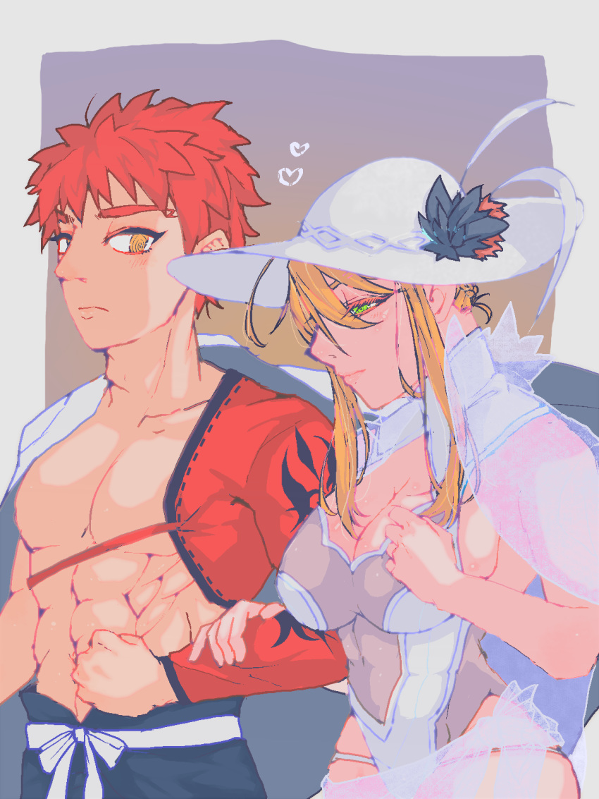 1boy abs ahoge armor artoria_pendragon_(fate) artoria_pendragon_(swimsuit_ruler)_(fate) artoria_pendragon_(swimsuit_ruler)_(second_ascension)_(fate) blonde_hair braid breasts cleavage commentary_request emiya_shirou fate/grand_order fate_(series) feather_boa female french_braid green_eyes hair_between_eyes hat highres holding holding_own_arm igote japanese_armor kusazuri large_breasts long_hair long_sleeves one-piece_swimsuit orange_hair raglan_sleeves ribbon senji_muramasa_(fate) short_hair sidelocks single_bare_shoulder swept_bangs swimsuit thighhighs torioyako white_one-piece_swimsuit yellow_eyes