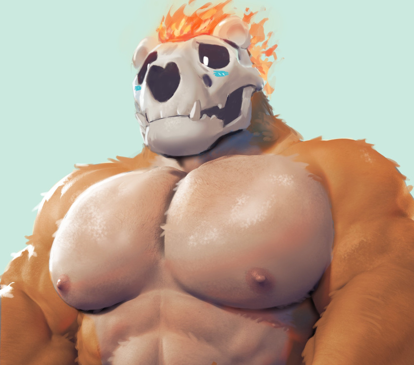 abs anthro biceps blue_blush blush bone episode0006 fire flaming_hair fur hi_res hyena looking_down male mammal muscular muscular_anthro muscular_male nipples orange_body orange_fur pecs pseudo_hair skull skull_head solo tan_body tan_fur