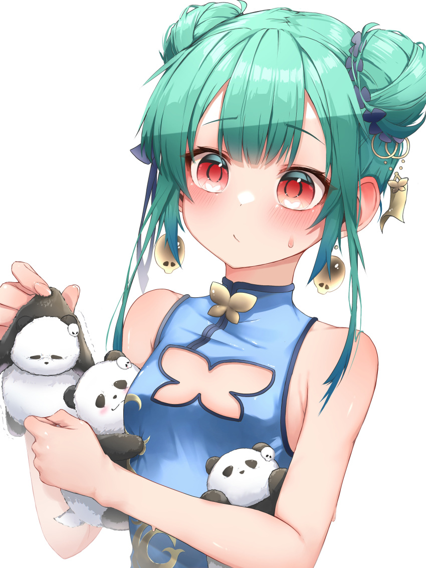 absurdres alternate_costume animal bare_arms bare_shoulders blue_dress blue_hair blue_ribbon blush breasts china_dress chinese_clothes closed_mouth clothing_cutout commentary_request double_bun dress earrings female gradient_hair green_hair hair_bun hair_ribbon highres holding holding_animal hololive jewelry long_hair looking_at_viewer multicolored_hair panda pepushi_drow red_eyes ribbon sidelocks simple_background sleeveless sleeveless_dress small_breasts solo sweatdrop upper_body uruha_rushia virtual_youtuber white_background