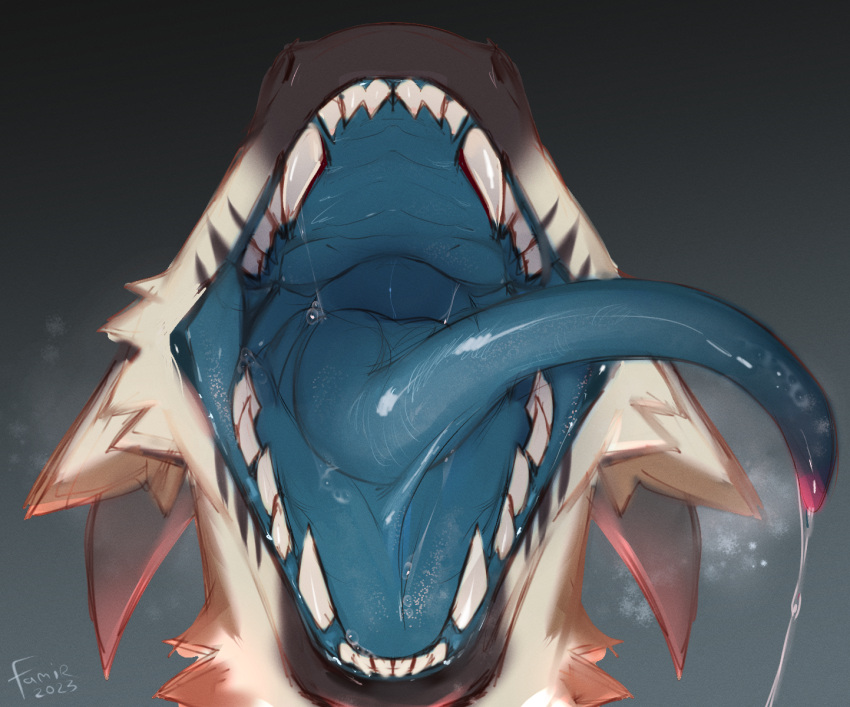 2023 ambiguous_gender blue_tongue bodily_fluids brown_body brown_fur cheek_tuft dated dragon drooling facial_tuft famir_(artist) feral front_view fur furred_dragon furred_scalie glistening glistening_tongue hi_res mouth_shot mythological_creature mythological_scalie mythology obscured_eyes open_mouth sakyubasu saliva saliva_string scalie solo thash tongue tongue_out tuft white_body white_fur