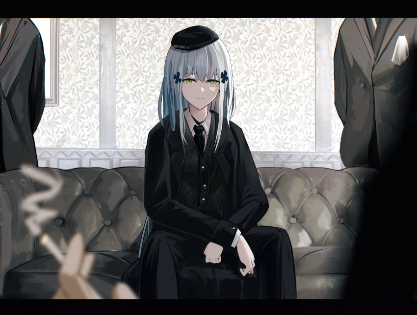 3others absurdres amamizu_shizuku black_coat black_pants black_vest blue_hair coat collared_shirt commentary_request couch expressionless facial_mark female girls'_frontline green_eyes hair_ornament hat highres hk416_(girls'_frontline) indoors long_hair long_sleeves looking_at_viewer multiple_others necktie on_couch pants shirt sitting vest white_shirt