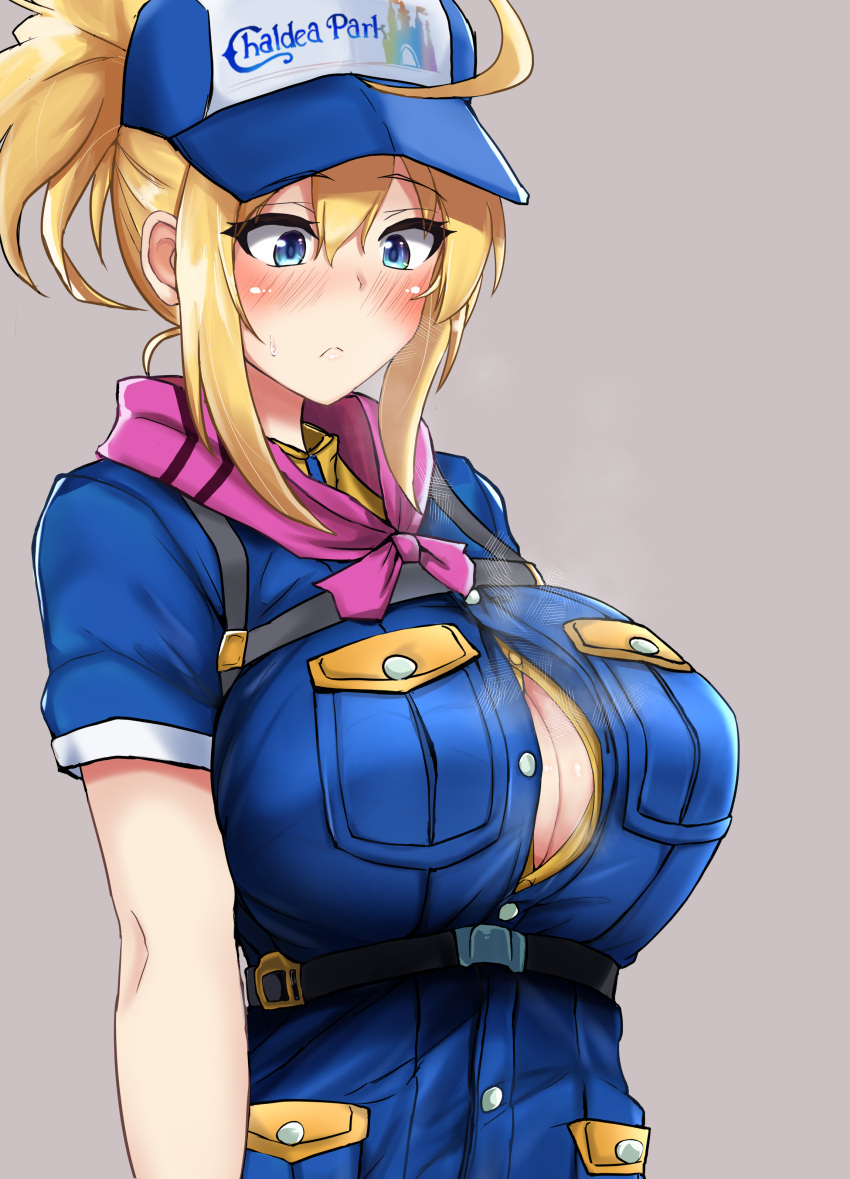 absurdres ahoge artoria_pendragon_(fate) baseball_cap blonde_hair blue_eyes blue_hat blush breasts button_gap cleavage fate/grand_order fate_(series) female hair_between_eyes hair_through_headwear hat highres large_breasts long_hair mysterious_heroine_xx_(fate) mysterious_heroine_xx_(festival_outfit)_(fate) ponytail poshi_(ginmokusei) sidelocks solo