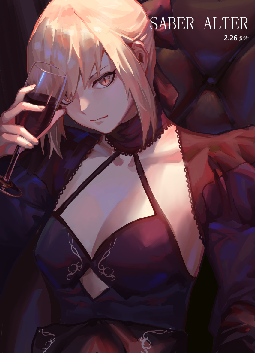 absurdres alcohol artoria_pendragon_(fate) bad_id bad_pixiv_id black_dress blonde_hair breasts collarbone colored_skin cup dress drinking_glass fate/grand_order fate/stay_night fate_(series) female frilled_sleeves frills highres jinlin looking_at_viewer md5_mismatch medium_breasts saber_alter skirt white_skin wine wine_glass yellow_eyes