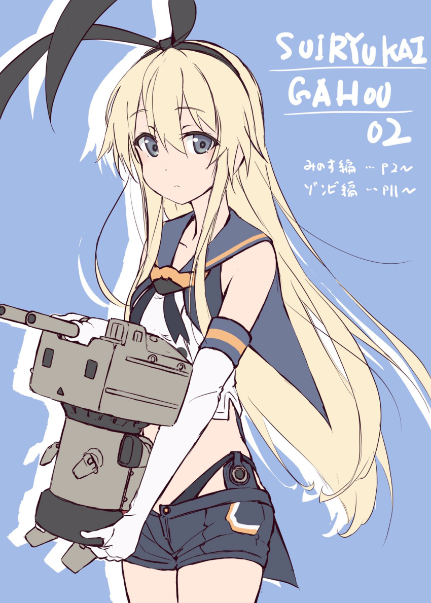 black_neckerchief black_panties blonde_hair blue_background blue_sailor_collar blue_shorts commentary_request cowboy_shot crop_top elbow_gloves female gloves grey_eyes highleg highleg_panties highres kantai_collection long_hair minosu neckerchief original_remodel_(kantai_collection) panties rensouhou-chan romaji_text sailor_collar shimakaze_(kancolle) shorts simple_background solo translation_request underwear white_gloves