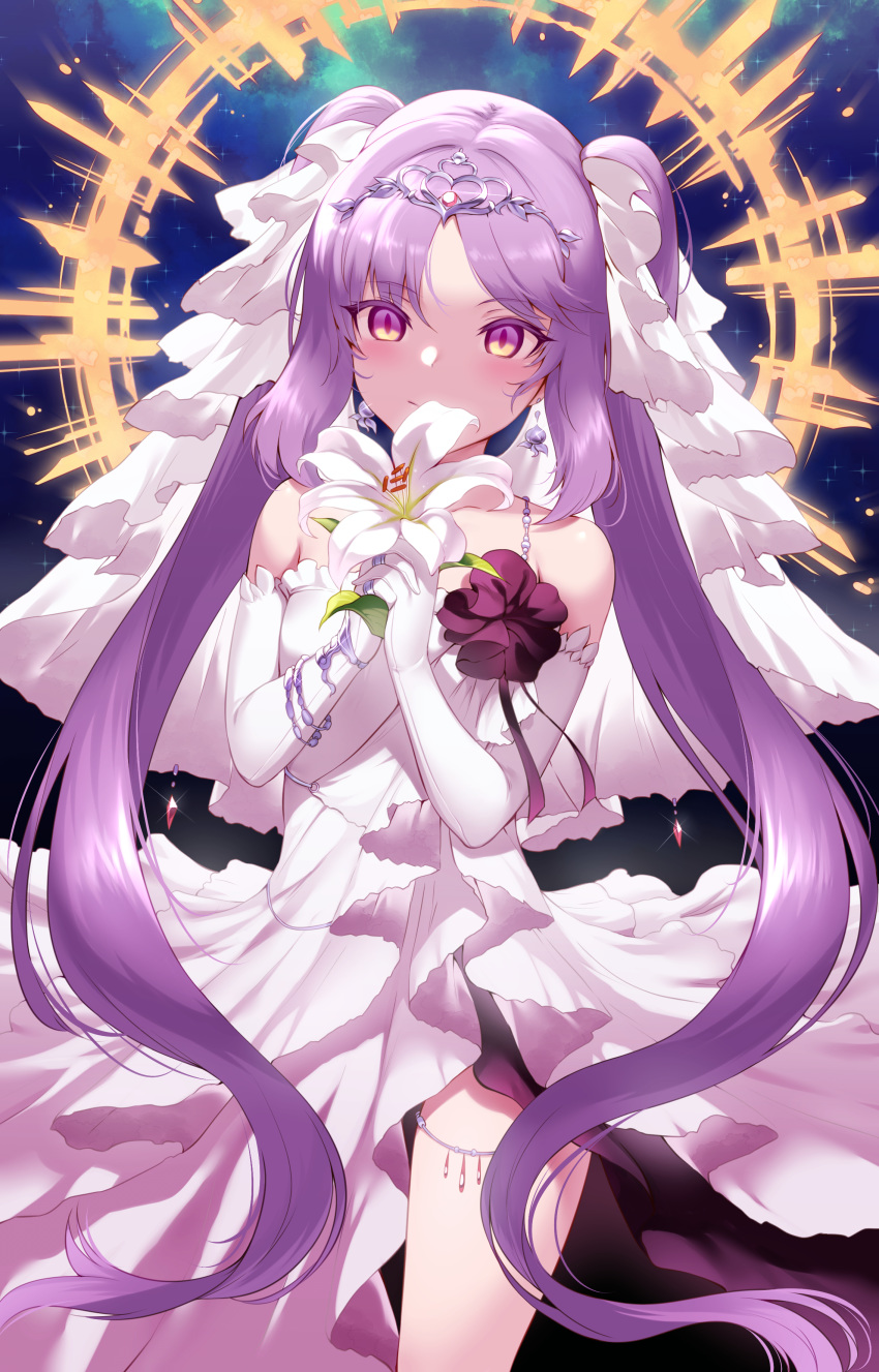 absurdres alternate_costume bare_shoulders breasts commentary_request dress earrings elbow_gloves euryale_(fate) fanbox_reward fate/grand_order fate/hollow_ataraxia fate_(series) female fingers_together flower glint gloves hair_ribbon highres jewelry lily_(flower) long_hair looking_at_viewer m-da_s-tarou own_hands_clasped own_hands_together paid_reward petite purple_eyes purple_hair ribbon side_slit slit_pupils small_breasts smile solo thighlet tiara twintails very_long_hair white_dress white_gloves