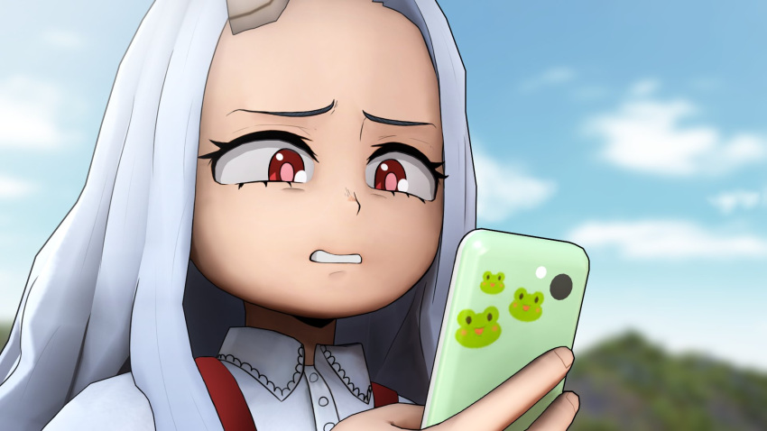 3d blue_sky blurry blurry_background boku_no_hero_academia cellphone cloud commentary derivative_work disgust dress english_commentary eri_(boku_no_hero_academia) female greatm8 grey_hair half-closed_eyes highres holding holding_phone horns kimetsu_no_yaiba lolicon long_hair looking_down meme mountainous_horizon outdoors parody parted_lips phone photoshop_(medium) portrait red_dress red_eyes shirt single_horn sky smartphone solo source_filmmaker_(medium) suspenders tanjirou_disgusted_face_(meme) white_shirt wing_collar