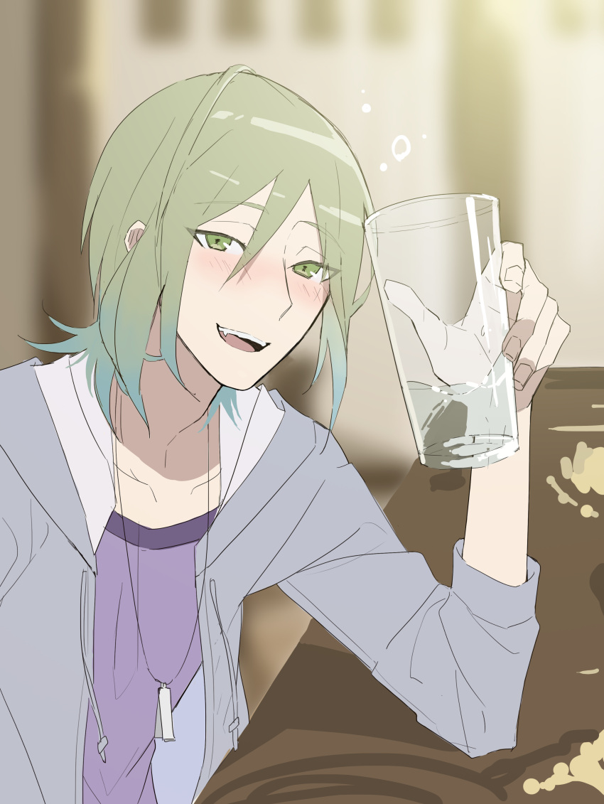 1boy absurdres blurry blurry_background blush brown_hair cup drinking green_eyes grey_jacket highres holding holding_cup indoors jacket jewelry long_sleeves male_focus necklace shiroi_suna_no_aquatope solo u_shirokiri yakamashi_kuuya