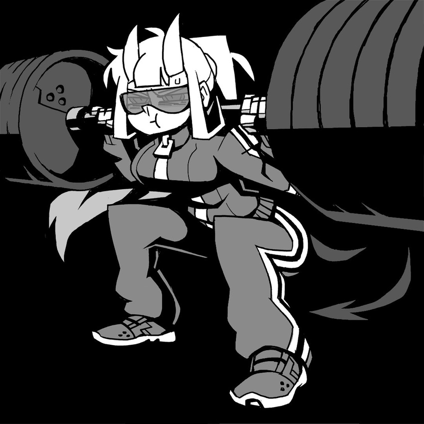 alternate_costume black_background breasts commentary demon_girl demon_horns exercising female full_body greyscale helltaker horns jacket large_breasts long_hair loremaster_(helltaker) monochrome pants ponytail pout shirt shoes simple_background solo sweat tail tinted_eyewear track_suit vanripper weightlifting