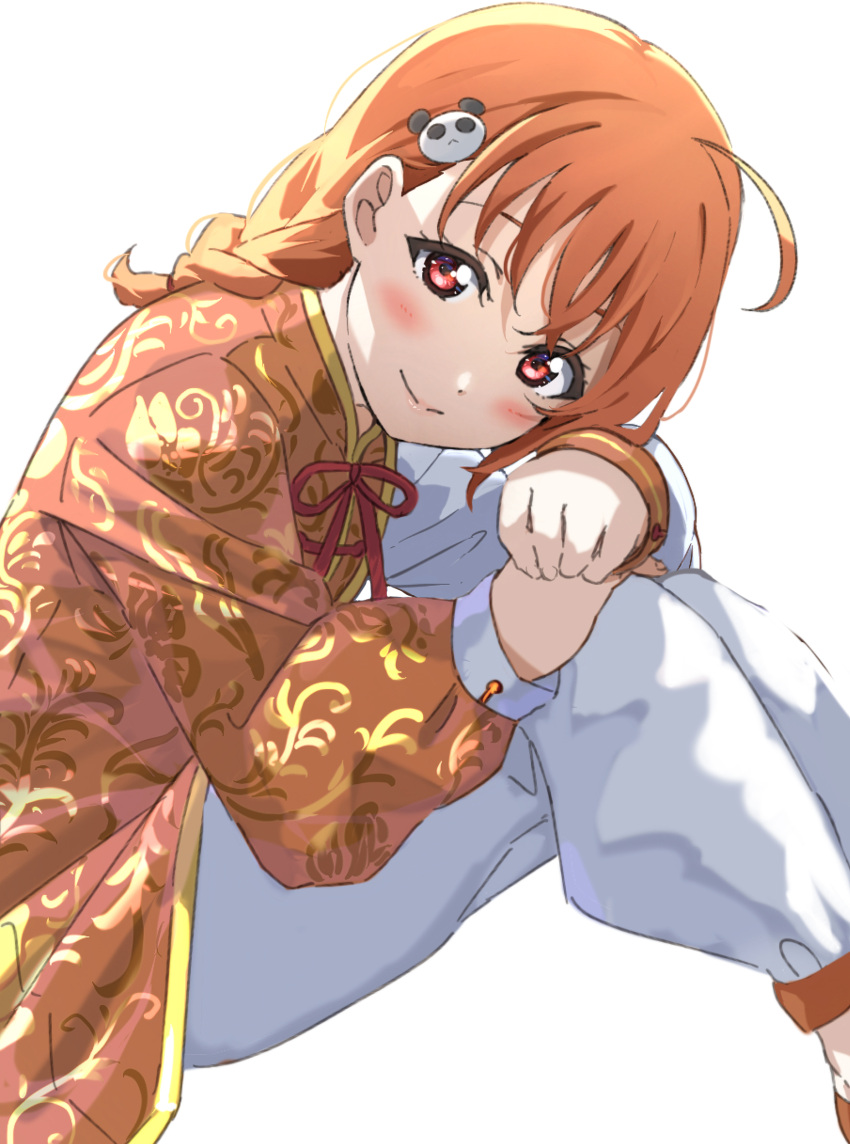 absurdres bad_id bad_pixiv_id blush braid chinese_clothes commentary cowlick female hair_ornament head_rest highres icehotmilktea knees_up long_sleeves looking_at_viewer love_live! love_live!_sunshine!! orange_hair orange_shirt pants red_eyes shirt side_braid simple_background sitting smile solo takami_chika vine_print white_background white_pants