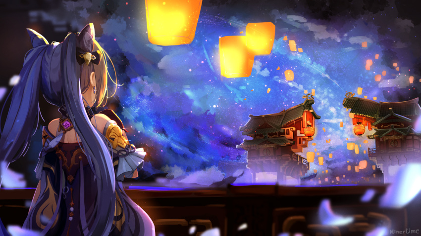 architecture chinese_clothes commentary_request double_bun east_asian_architecture female from_behind genshin_impact hair_bun highres keqing_(genshin_impact) lantern lantern_festival liyue_harbor long_hair minertime night night_sky paper_lantern purple_hair sky sky_lantern solo twintails upper_body vision_(genshin_impact)