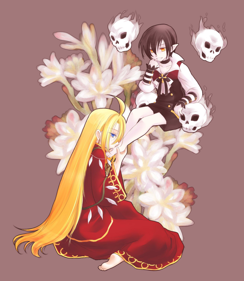 2boys ahat_(ragnarok_online) ahoge arm_belt barefoot belt black_belt black_shorts black_vest blonde_hair blue_eyes brown_hair choker commentary_request cross despair_god_morroc earrings flaming_skull floating_skull flower full_body grin highres jewelry kissing_foot long_hair long_sleeves looking_at_another male_focus manoji multiple_boys orange_eyes pointy_ears ragnarok_online red_robe robe shirt short_hair shorts sitting smile vest white_flower white_shirt yaoi