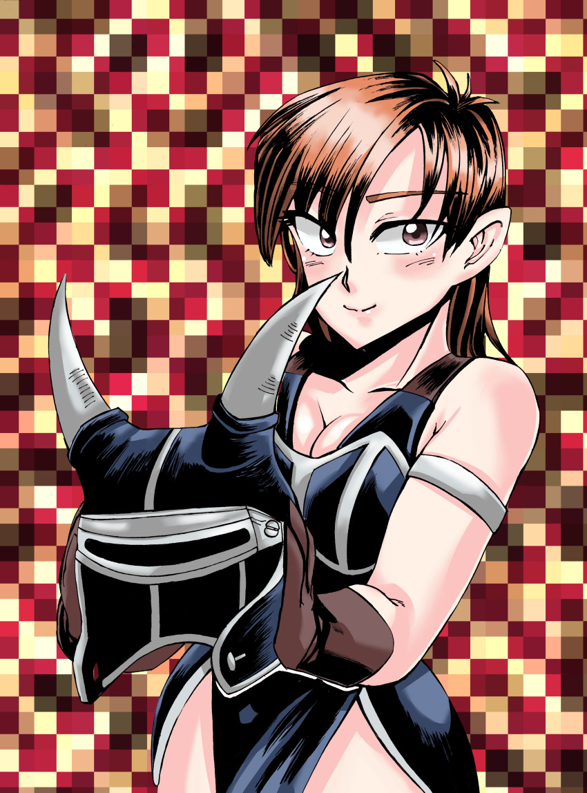 absurdres armlet armor blue_armor breasts brown_eyes brown_gloves brown_hair checkered_background cleavage closed_mouth daisy_(dq) dragon_quest dragon_quest_yuusha_abel_densetsu fake_horns female gloves helmet highres horned_helmet horns long_hair looking_at_viewer smile solo yamany