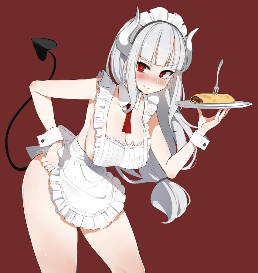 absurdres apron black_tail blush breasts commentary_request crepe demon_girl demon_horns demon_tail detached_collar dickbomber female food fork frills helltaker highres holding holding_tray horns korean_commentary large_breasts long_hair looking_at_viewer lucifer_(helltaker) maid_apron maid_headdress mole mole_under_eye naked_apron necktie red_necktie simple_background smile tail tray white_horns wrist_cuffs